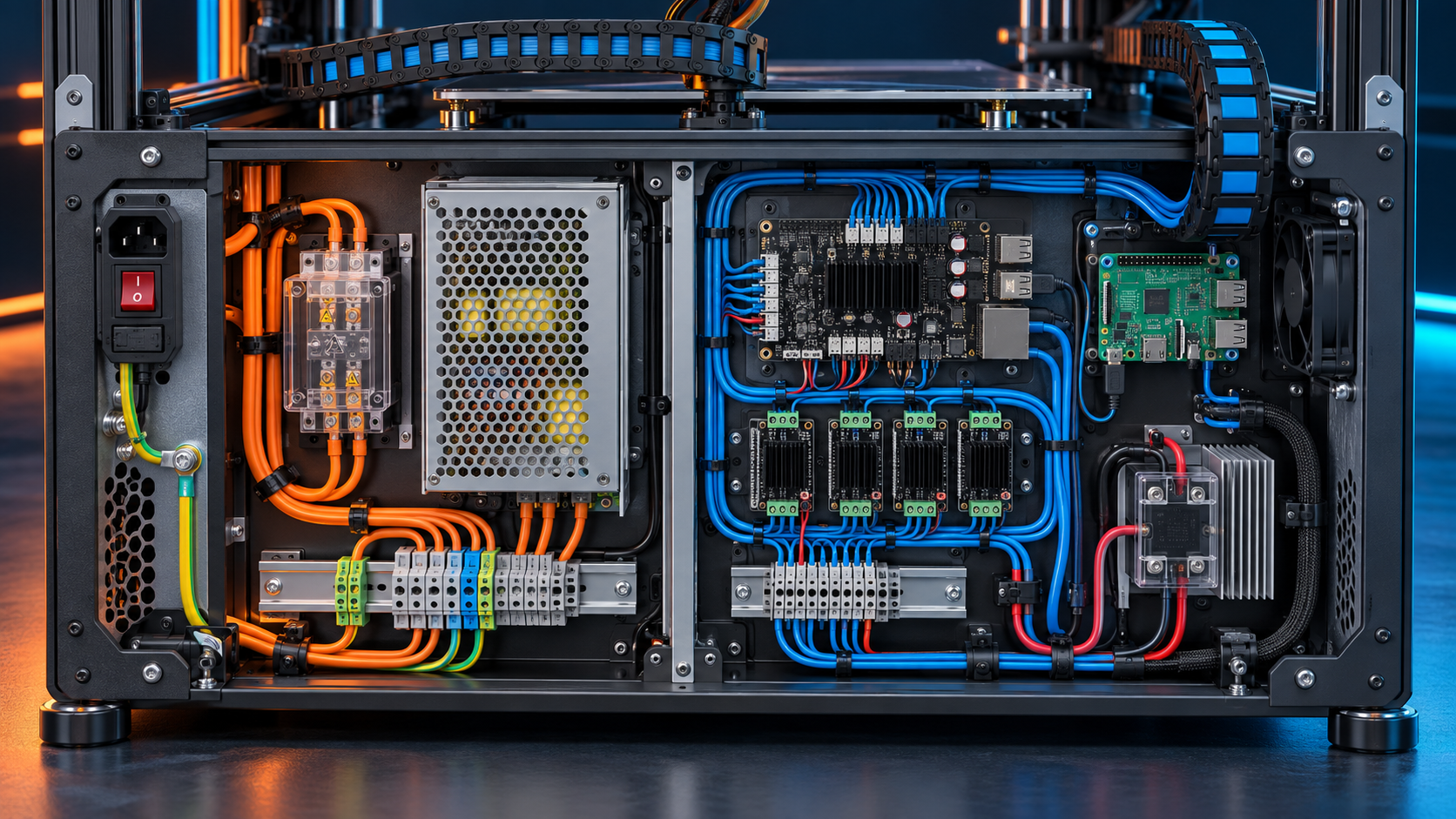 3D yazıcı elektronik bölmesinde güvenli AC ve DC kablolama